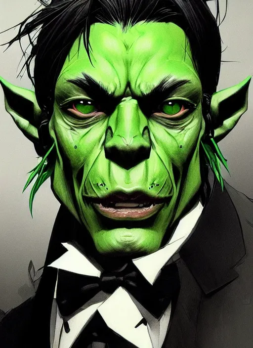 Prompt: portrait of a green skin handsome goblin with long black hair in a suit. in style of yoji shinkawa and hyung - tae kim, trending on artstation, dark fantasy, great composition, concept art, highly detailed, dynamic pose, vibrant colours.