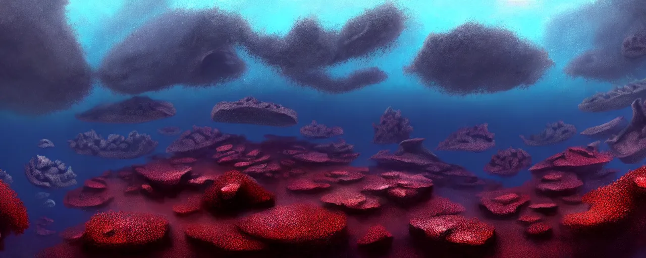 Image similar to A gorgeous detailed oil of a dark red sea covered in big blue steep rocks, a school of piranhas underwater, the further away the mistier it gets, surreal, concept art, dark aesthetic, atmospheric, moody, hyperrealism, highly detailed, masterpiece, award winning, 4k, unreal engine