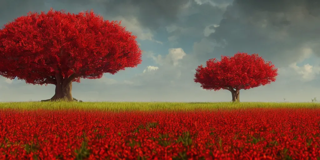 Prompt: a big red tree in the middle of a battlefield near a bunch of red flowers at sunrise, hyperrealistic, concept art, octane render, unreal engine 5, trending on Artstation, high quality, 8K, dramatic lighting, cinematic, high coherence, highly detailed, Midjourney style, epic scene, path traced, low contrast, complementary colors