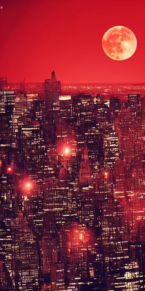 Prompt: a huge red moon above New York skyline, wide angle futuristic, cinematic feel, high octane, 4K, Unreal Engine, dramatic lighting, photorealistic