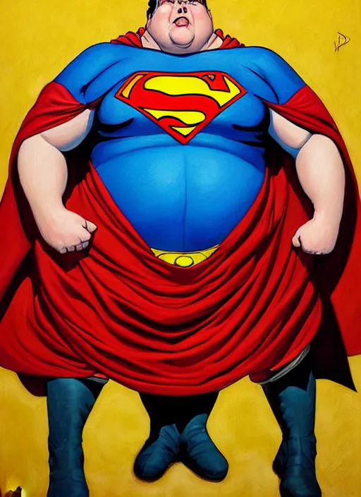 Image similar to Highly detailed painting of a mordidly obese superman with his belly hanging out, style of Joshua Middleton comic book art Nick Dragotta comic art, symmetrical face, symmetrical eyes, depressed sad expression, painterly style