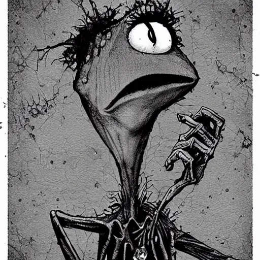 Image similar to michael karcz punk grunge cartoon drawing of kermit the frog. , in the style of corpse bride, loony toons style, horror themed, detailed, elegant, intricate