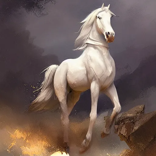 Prompt: a white horse The one who rode him carried arrows and a bow in his hand, and they gave him a crown, digital Art, Greg rutkowski Trending artstation