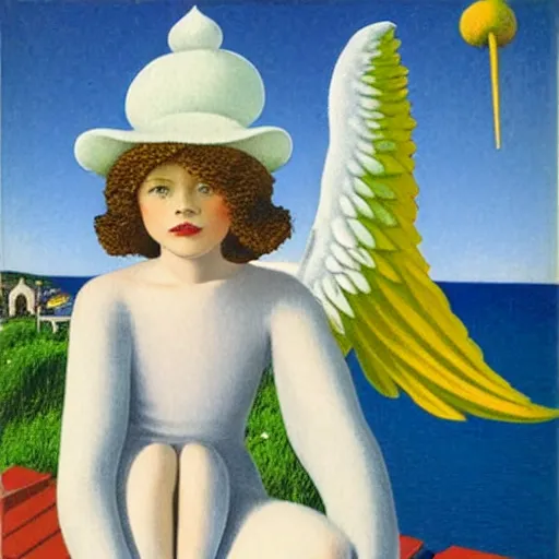 Prompt: An angel girl with jester hat and clothes on the front of a Balustrade with a beach on the background, major arcana cards, by Rene Magritte, hyperrealistic