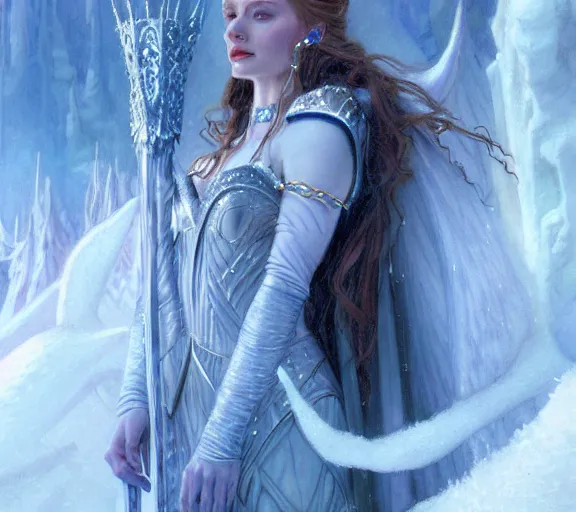 Prompt: The Ice Queen, beautiful young woman, snow, ice, cinematic, hyperdetailed | donato giancola, ralph horsley, Artem Demura | waist-up portrait | dungeons and dragons