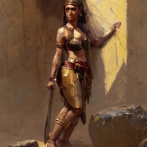 Image similar to a scrappy bronze age thief woman, ancient mesopotamia, looking around a corner, sword and sandal character portrait by gaston bussiere, craig mullins, greg rutkowski