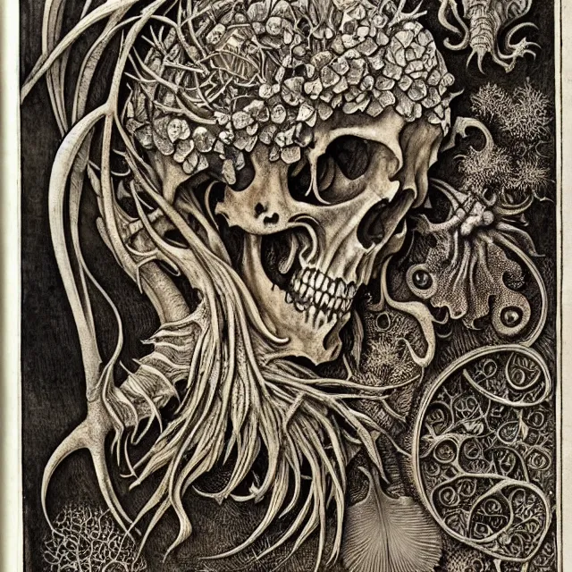 Image similar to memento mori by arthur rackham, art forms of nature by ernst haeckel, exquisitely detailed, art nouveau, gothic, ornately carved beautiful skull dominant, intricately carved antique bone, art nouveau botanicals, ornamental bone carvings, art forms of nature by ernst haeckel, horizontal symmetry, arthur rackham, ernst haeckel, symbolist, visionary