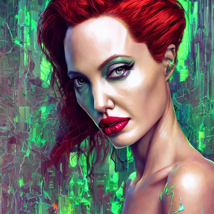 Prompt: portrait of Angelina Jolie as Poison Ivy. intricate abstract. intricate artwork. by Tooth Wu, wlop, beeple, dan mumford. octane render, trending on artstation, greg rutkowski very coherent symmetrical artwork. cinematic, hyper realism, high detail, octane render, 8k, iridescent accents