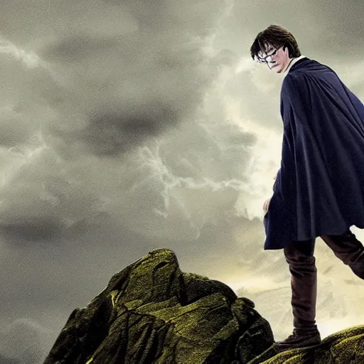 Image similar to Harry potter upright and levitating , back view, thunderclouds, cinematic shot, epic scale, waving robe movement, wand, photorealistic detail and quality, intricate ground stone, movie still, nighttime, crescent moon, sharp and clear, action shot, intense scene, visually coherent, symmetry, rule of thirds, movement, vivid colors, cool colors transitioning to warm colors, award winning, directed by Steven Spielberg, Christopher Nolan, Tooth Wu, Asher Duran, Greg Rutkowski