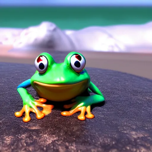 Image similar to 3 d octane chibi frog character surfing at the beach, pixar style