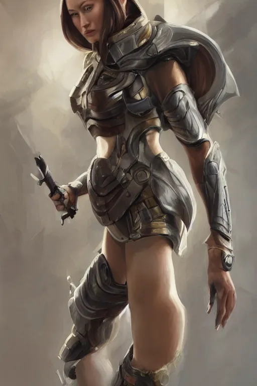 Image similar to a professional painting of a young Olivia Wilde, clothes in military armor, olive skin, long dark hair, beautiful bone structure, symmetrical facial features, intricate, elegant, digital painting, concept art, smooth, sharp focus, illustration, from StarCraft by Ruan Jia and Mandy Jurgens and Artgerm and William-Adolphe Bouguerea