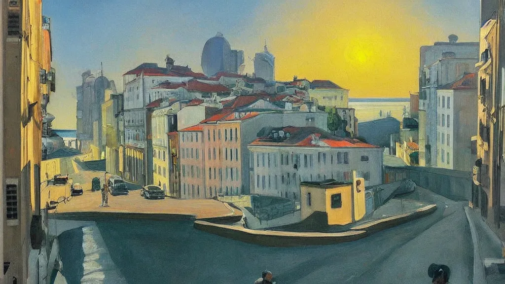 Image similar to Street art. paralyzed by the indescribable beauty of the cosmos. amazing view of city of Lisbon from the other side of the river. art style by Edward Hopper daring, incredible