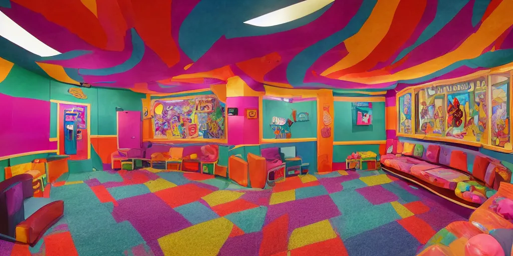 Image similar to a dimly lit, colorful, theater dressing room, made of candy, cartoon style