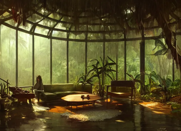 Image similar to a beautiful painting of the interior of a geodesic house in a moist tropical rainforest, living room, by greg rutkowski, realism, artstation, nature