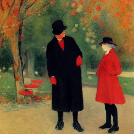 Image similar to a thin man in a black coat and bowler hat talks with small young girl who is dressed in a red coat and a red hat, park, autumn, 1923, wide angle, high detail, in style of Berthe Morisot, 8k, width 768