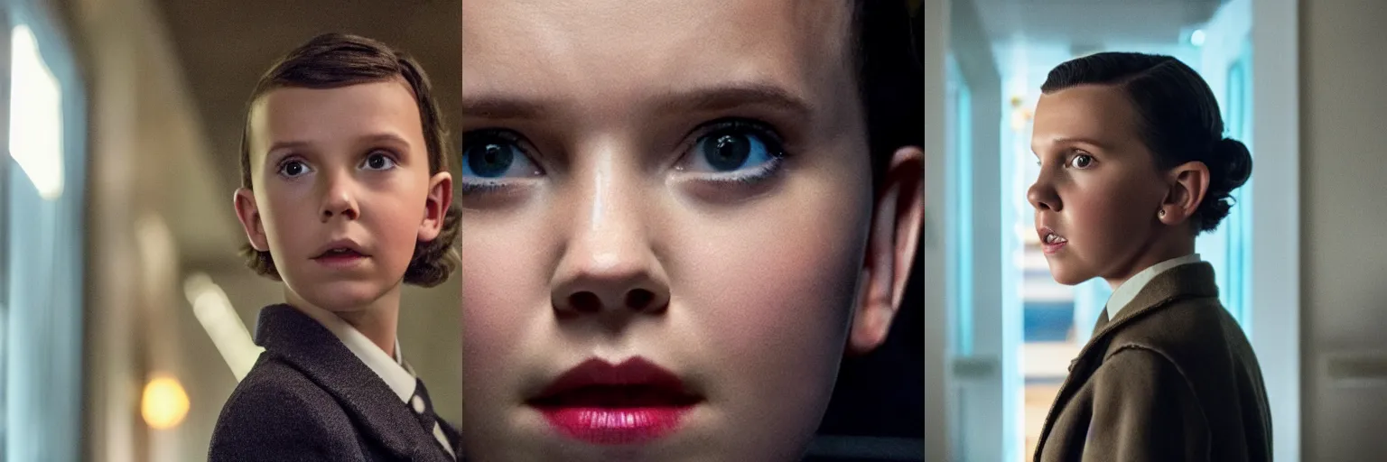 Prompt: close-up of Millie Bobby Brown as a detective in a movie directed by Christopher Nolan, movie still frame, promotional image, imax 70 mm footage