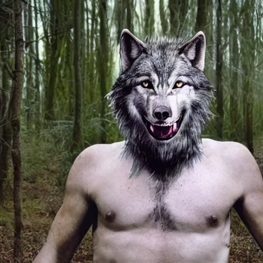 Prompt: werecreature consisting of a human and wolf, photograph captured in a forest