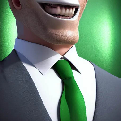 Image similar to white mountain lion hybrid ape, black suit, tie, green eyes, smile, portrait, full HD 8k, ultra realistic cinematic octane render