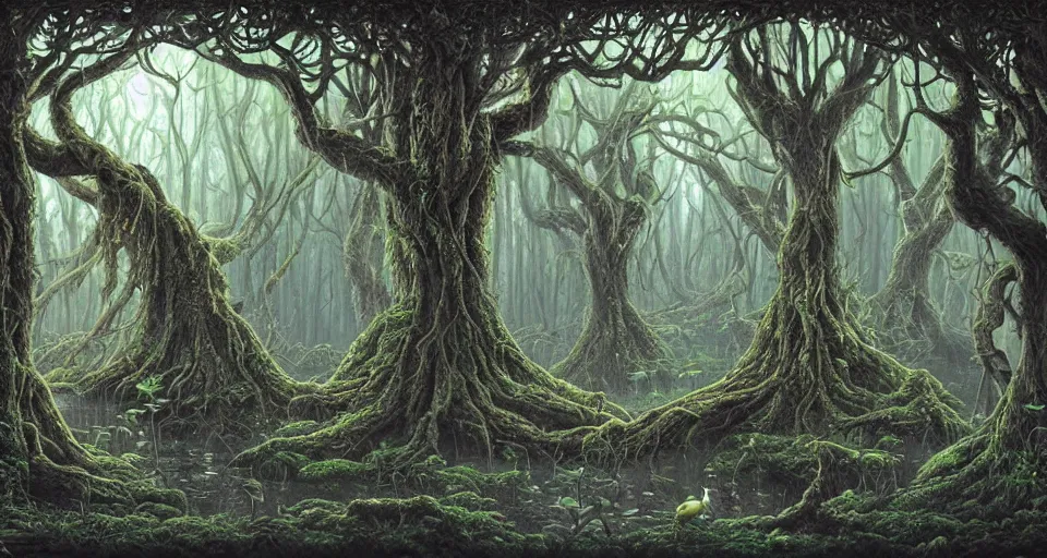 Image similar to A dense and dark enchanted forest with a swamp, by Naoto Hattori