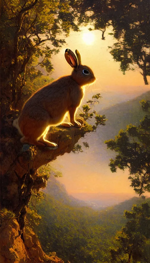 Image similar to hyper realistic rabbit looking off of a cliff, sun setting behind rabbit, lush forest in valley below, painted by gaston bussiere, craig mullins, j. c. leyendecker 8 k