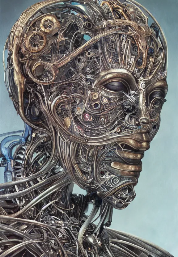 Prompt: perfectly centered portrait, front view of a beautiful biomechanical cyberpunk alien android robot buddha, female, flowing hair, intense stare, sarcastic smile, symmetrical, concept art, intricate detail, volumetric shadows and lighting, realistic oil painting by alex grey and h. r giger,