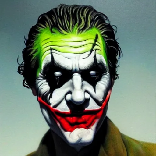 Prompt: an ultra - realistic portrait painting of the joker in the style of frank frazetta. 4 k. ultra - realistic. highly detailed. dark fantasy. epic lighting.