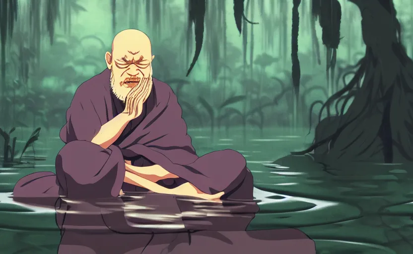 Prompt: a film still portrait of a mauve old monk meditating inside in a flooded temple jungle. finely detailed features, closeup at the faces, chronenberg, perfect art, grimdark, trending on pixiv fanbox, painted by studio ghibli