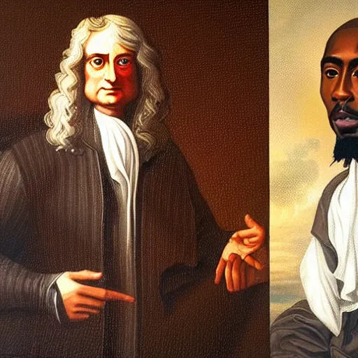 Prompt: a realistic neoclassical portrait of sir isaac newton and tupac shakur, chillin at the club together, oil on canvas, brilliant detail, exquisite