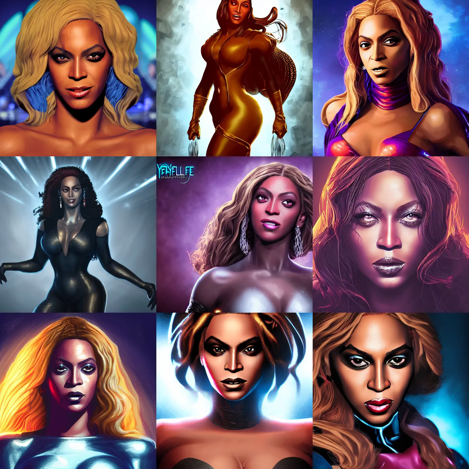 Prompt: A fantasy comic book style portrait painting of Beyonce at the Hellfire Gala, marvel comics, x-men, unreal 5, DAZ, hyperrealistic, octane render, RPG portrait, ambient light, dynamic lighting