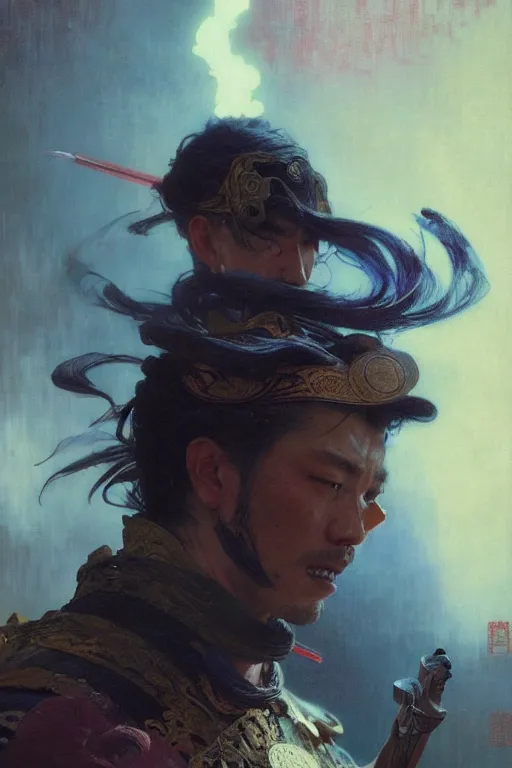 Prompt: attractive man, ghost of tsushima, cool colors, painting by gaston bussiere, craig mullins, greg rutkowski, alphonse mucha