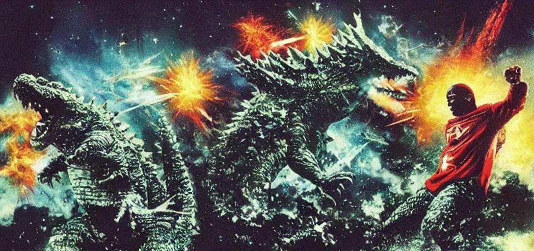 Image similar to 2pac fighting godzilla in space