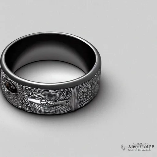 Image similar to the ring from lord if the rings with an imprinted ruler, cm scale imprinted on the inside of the ring, one ring to rule them all, highly detailed, 8 k, trending on artstation, mystic, rpg artwork