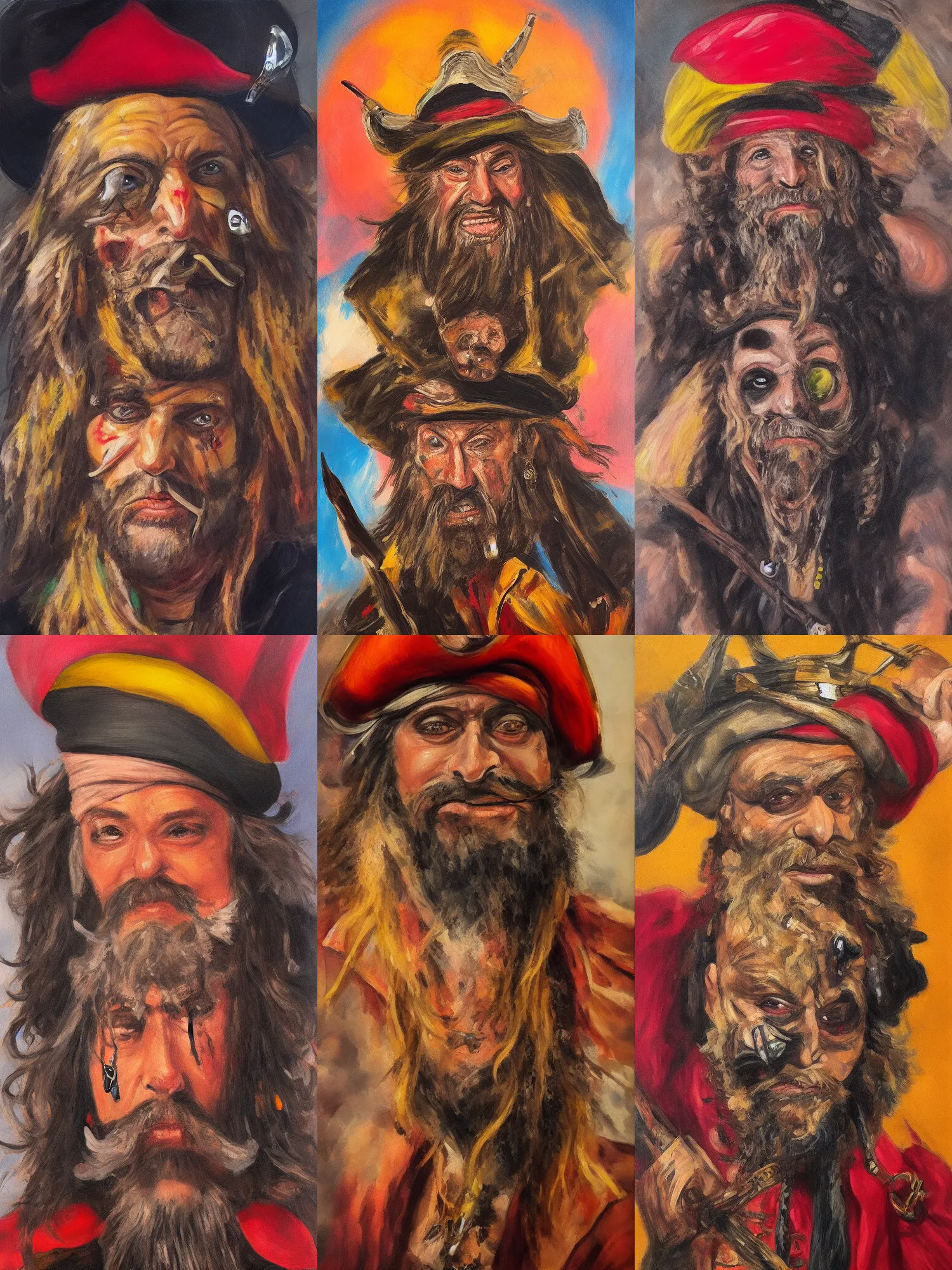 Prompt: vibrant, expressive, bold, wideangle, pov, fast oil painting of an 16th century masculine crazy old blackbeard pirate captain, tatoos, piercings, tricorn hat