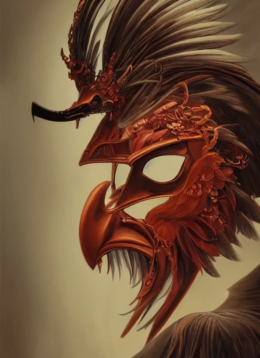 Image similar to a beautiful detailed oil on copper art illustration of a japanese tengu mask devil woman, elongated nose in the shape of a bird's beak, centered, by charlie bowater, zeng fanzh, trending on artstation, dim dusk lighting, cinematic lighting, detailed lighting, volumetric lighting, realistic, f 8, 4 k hd wallpaper