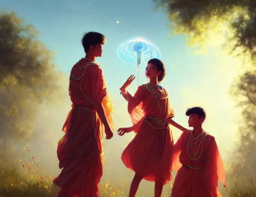 Image similar to a beautiful fashion big eye girl wear flashy dress and a handsome boy wear traditional outfits in festival | | sunny, dreamlike art, mist, realistic shaded, smile, good looking, fine details, 4 k realistic, cryengine, realistic shaded lighting poster by greg rutkowski, magali villeneuve, artgerm, jeremy lipkin and michael garmash and rob rey