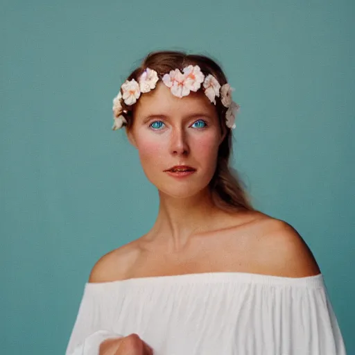 Image similar to a photograph of beautiful nordic woman wearing a white folkdrakt dress, she has a summer flower headband. against a teal studio backdrop. close - up. strong kodak portra 4 0 0 film look. film grain.