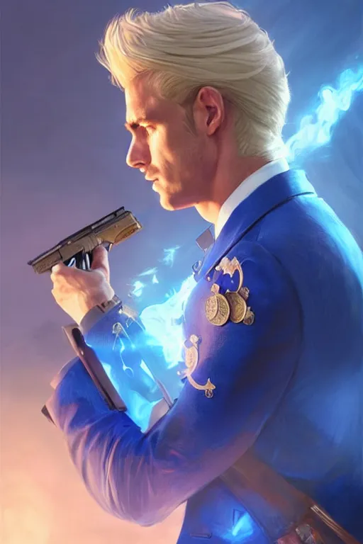 Image similar to side profile of a blonde man in a blue suit with medals on it dual wielding a sword and a pistol, highly detailed, d & d, fantasy digital painting, trending on artstation, concept art, sharp focus, illustration, volumetric light, intricate, art by artgerm and greg rutkowski