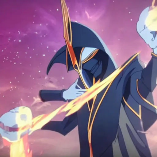 Image similar to Karthus from League of Legends in anime movie, dragonballz, jojo