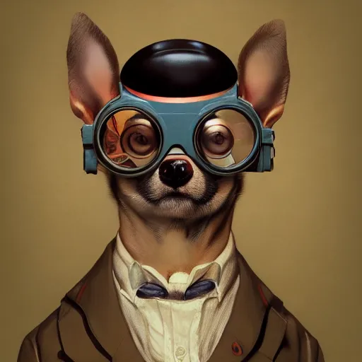 Image similar to ripped physique goggles collar Man Steampunk portrait Sherlock Patrick Bateman snout Detective Anthropomorphic furry fuzzy fashion vogue Chihuahua man wearing a Chihuahua costume wearing an engineer gnome costume gerald brom bastien grivet greg rutkowski norman rockwell portrait face head snout ears eyes illustration tombow