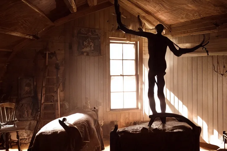 Image similar to film still of a six legged monster clinging to the ceiling of an old cabin's living room, horror movie, eerie, creepy, dark, amazing lighting, great cinematography, directed by scott derrickson