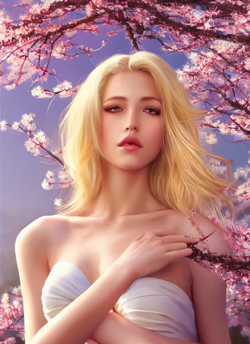 Image similar to photo of a gorgeous blonde female in the style of stefan kostic, realistic, half body shot, sharp focus, 8 k high definition, insanely detailed, intricate, elegant, art by stanley lau and artgerm, extreme blur cherry blossoms background