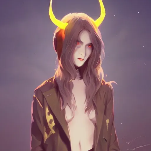 Prompt: a pale demoness with yellow eyes and horns wearing a jacket, highly detailed, digital painting, artstation, matte, by makoto shinkai, animation style