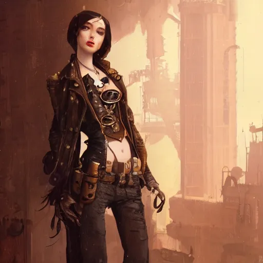 Image similar to a photograph of an attractive women in a steampunk style by greg rutkowski, sung choi, mitchell mohrhauser, maciej kuciara, johnson ting, maxim verehin, peter konig, 8 k photorealistic, cinematic lighting, hd, high details, dramatic, dark atmosphere, trending on artstation