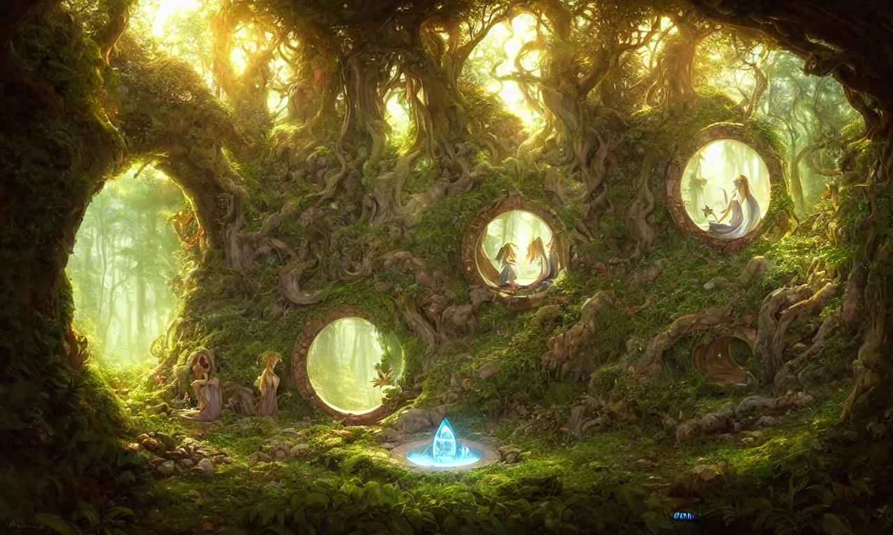 Image similar to Fantasy Magical fairy-tale portal in the forest. Round stone portal teleport in trees to other worlds. Fantastic landscape. Magic Altar in the fores, highly detailed, digital painting, artstation, concept art, smooth, sharp focus, illustration, art by artgerm and greg rutkowski and alphonse mucha