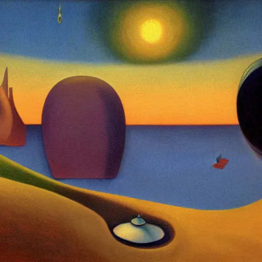 Prompt: color oil painting of mysterious alien saucer hovering over seaside village, 1929, by Thomas Hart Benton