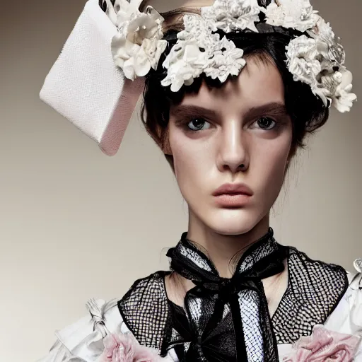 Image similar to close up of a fashion model with french maid dress, official valentino editorial, highly detailed