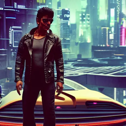 Image similar to full-frame of Shah Rukh Khan, wearing a brown leather-jacket, as a character from Cyberpunk 2077, looking at camera, intricate, sci-fi, extremely detailed, in the background cyperpunk-2077-city, concept art, artstation