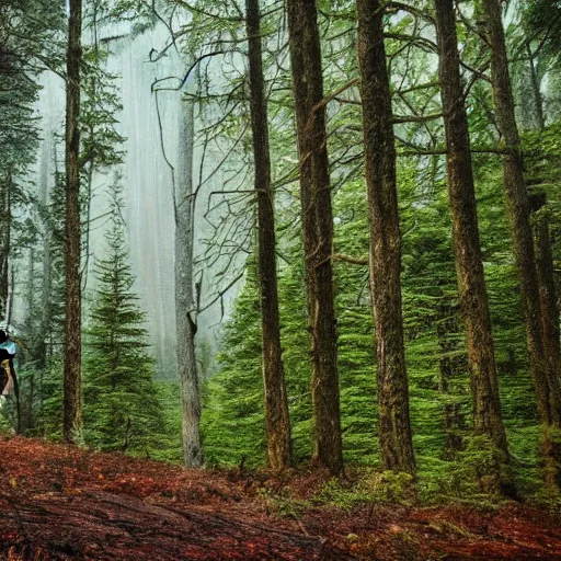 Image similar to beautiful Appalachian forest with a wendigo looming in the background