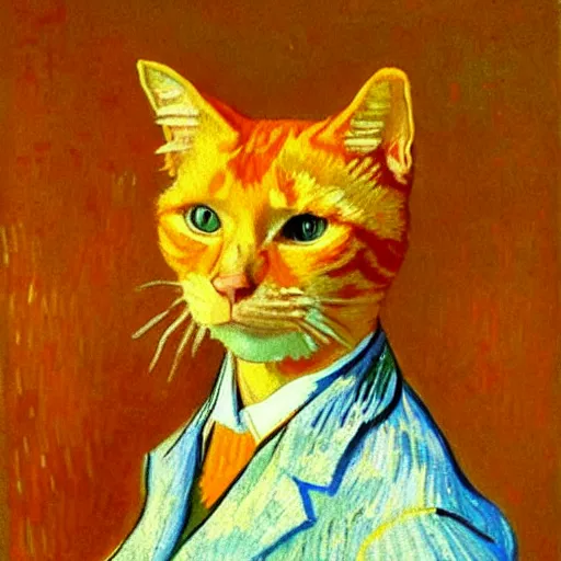 Image similar to a portrait of a ginger orange cat, wearing a light blue suit, by Vincent Van Gogh