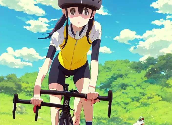 Prompt: portrait of cute girl riding road bike, sunny sky background, lush landscape, illustration concept art anime key visual trending pixiv fanbox by wlop and greg rutkowski and makoto shinkai and studio ghibli and kyoto animation, symmetrical facial features, sports clothing, yellow helmet, nike cycling suit, backlit, aerodynamic carbon frame, sponsors logo, two legs